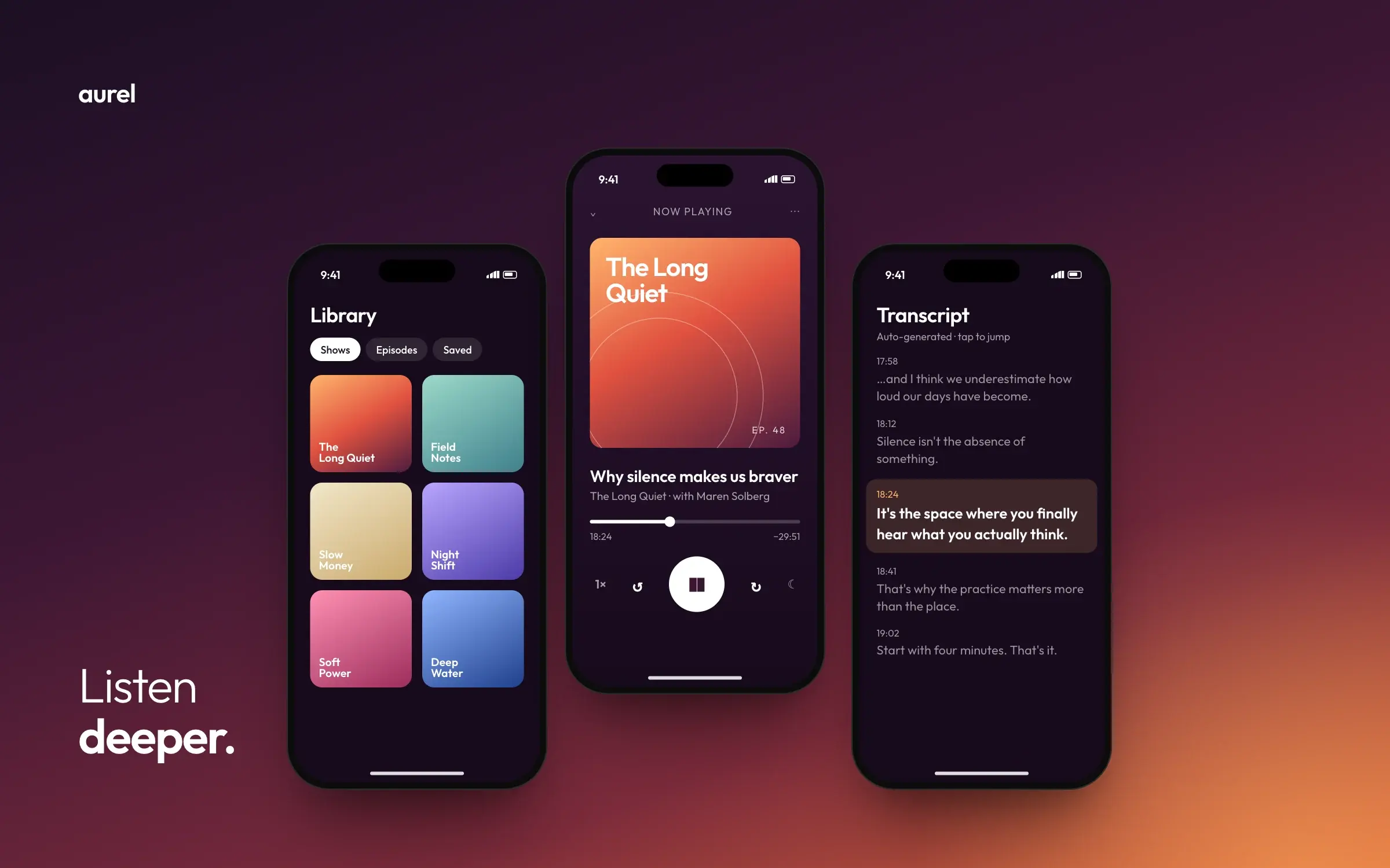 Aurel podcast player with sunset artwork, library grid and transcript view