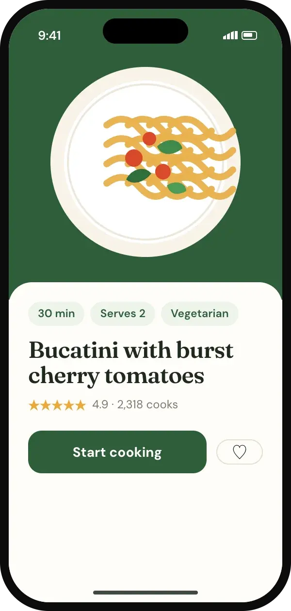 Recipe overview with dish illustration, tags and start cooking button