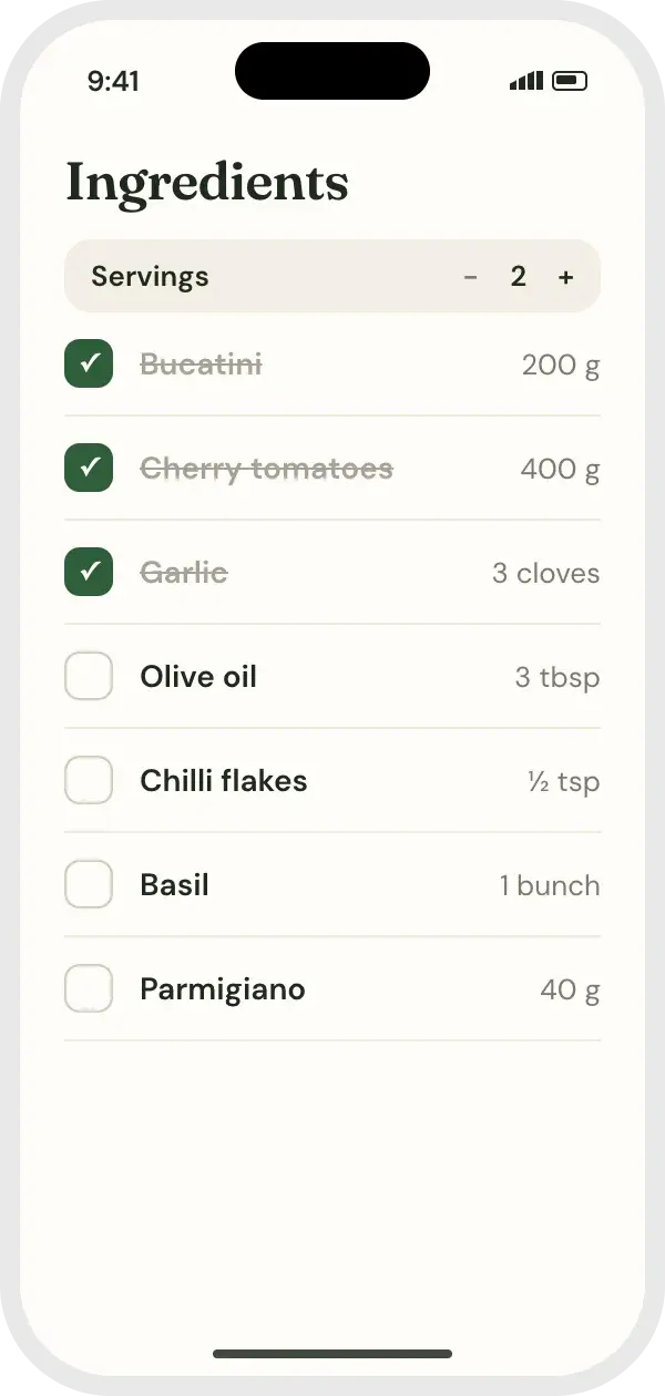 Ingredient checklist with servings stepper