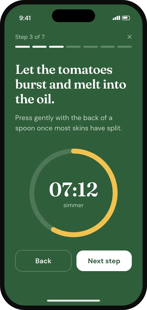 Cooking mode showing step 3 of 7 with a simmer timer