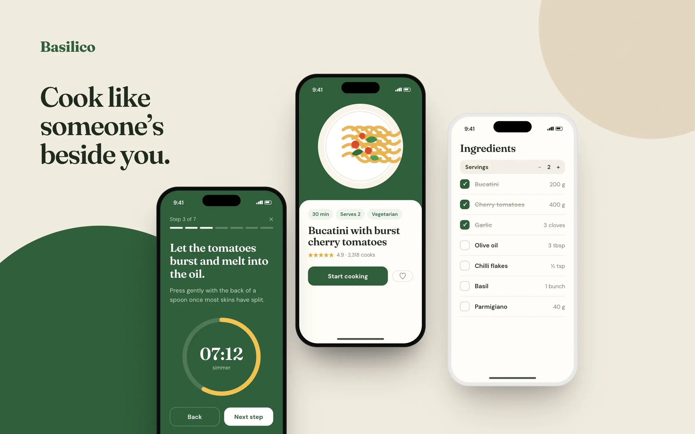 Basilico recipe screens with a pasta dish, ingredients checklist and cooking timer