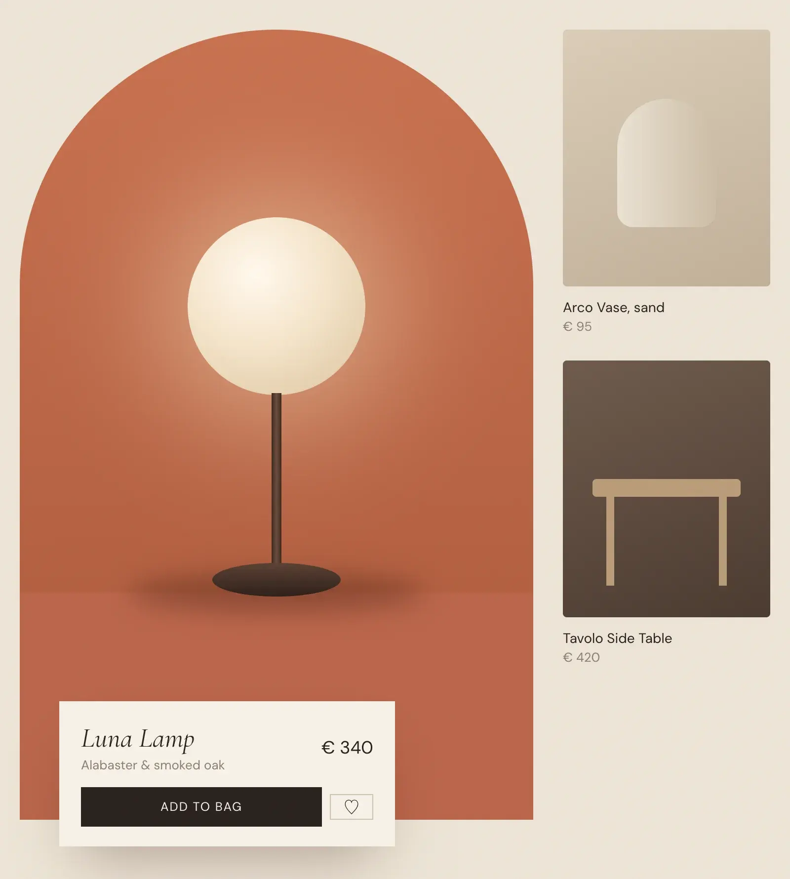 Product detail with lamp, related objects and add-to-bag card