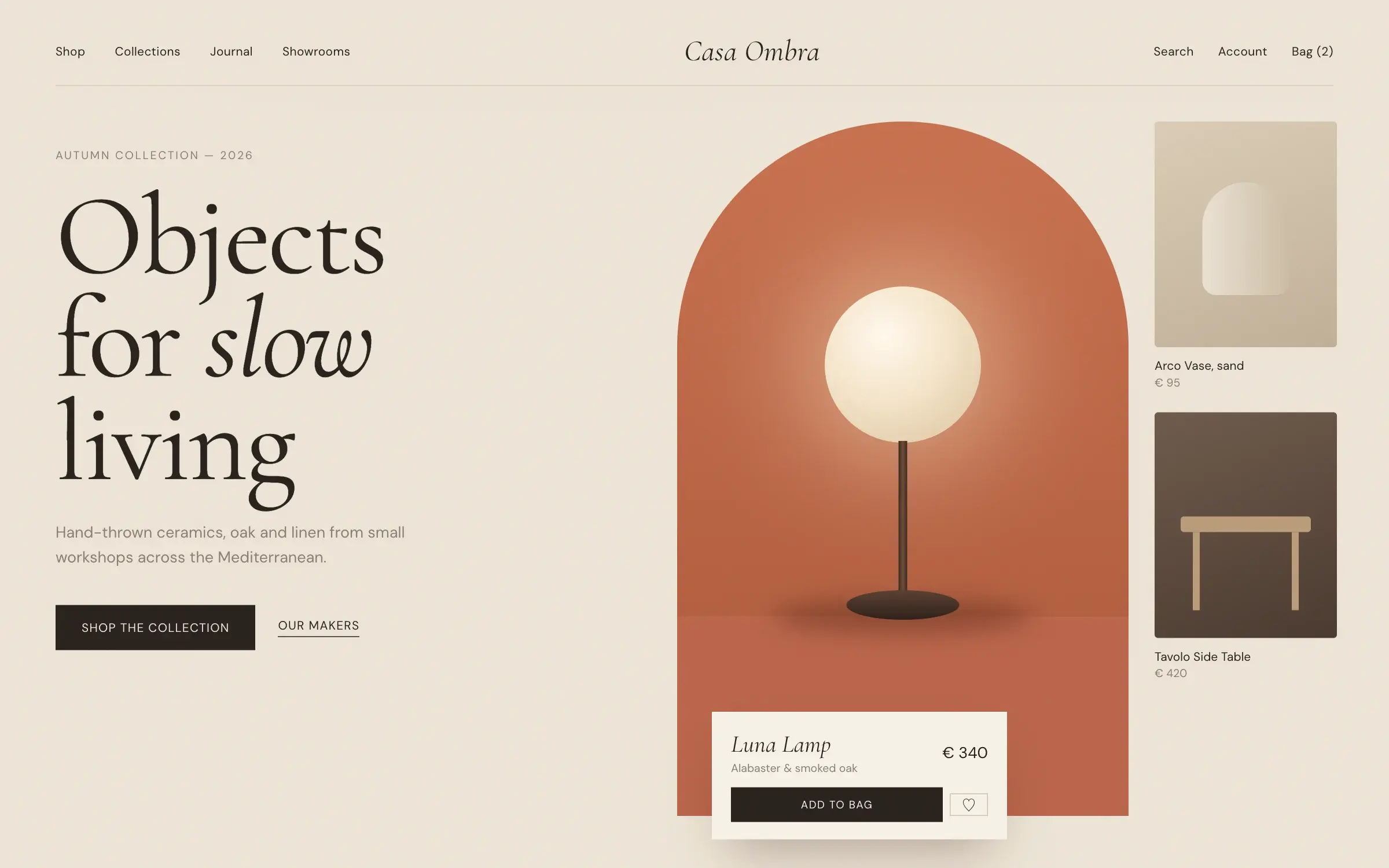 Casa Ombra storefront with a serif headline and a terracotta arch framing a lamp