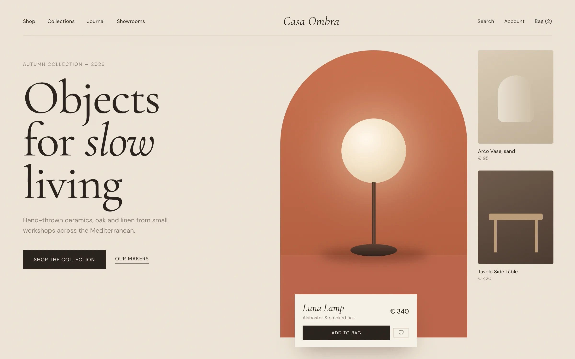 Casa Ombra storefront with a serif headline and a terracotta arch framing a lamp