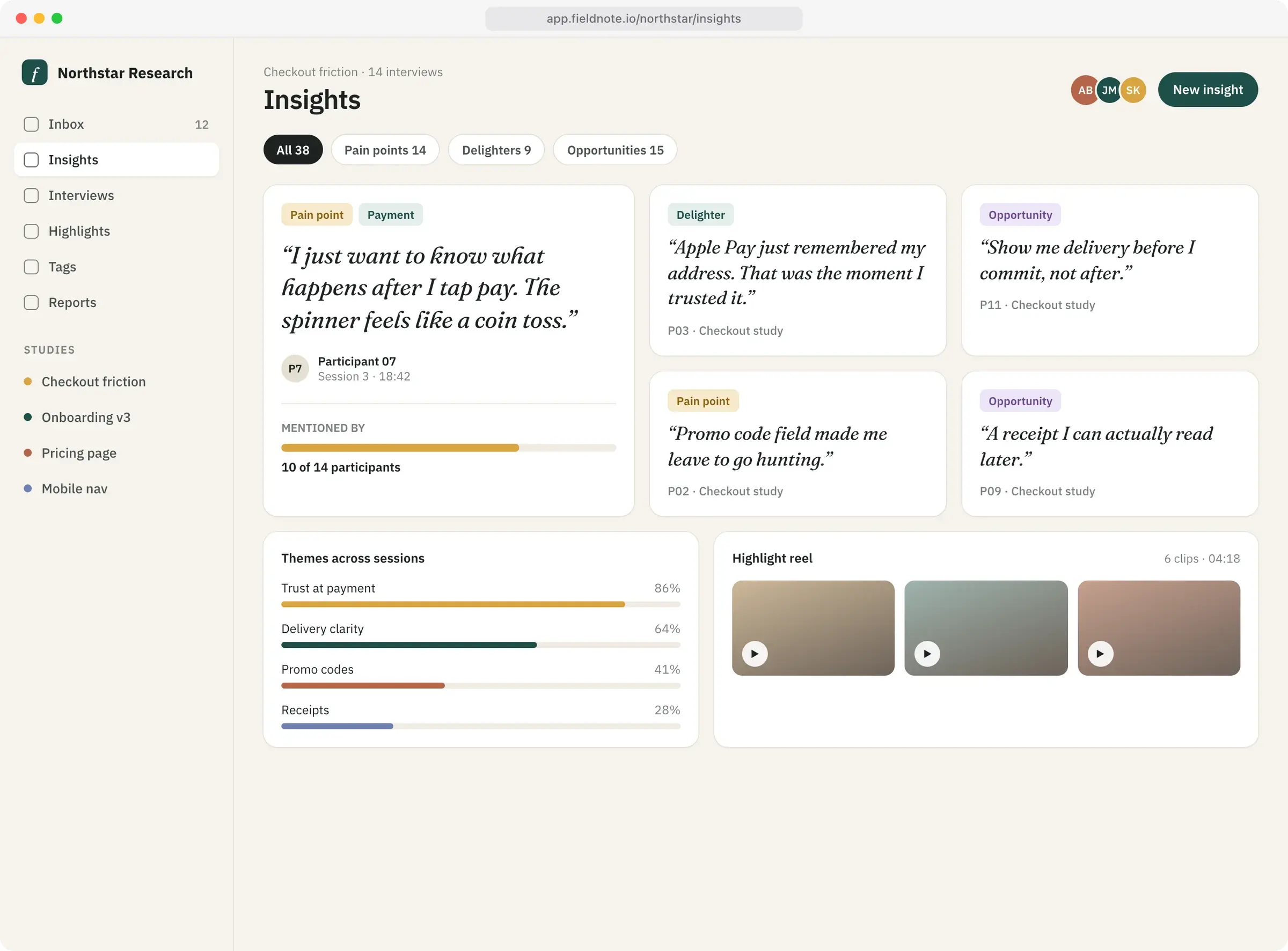 Insights board with quote cards, filter pills, theme bars and a highlight reel