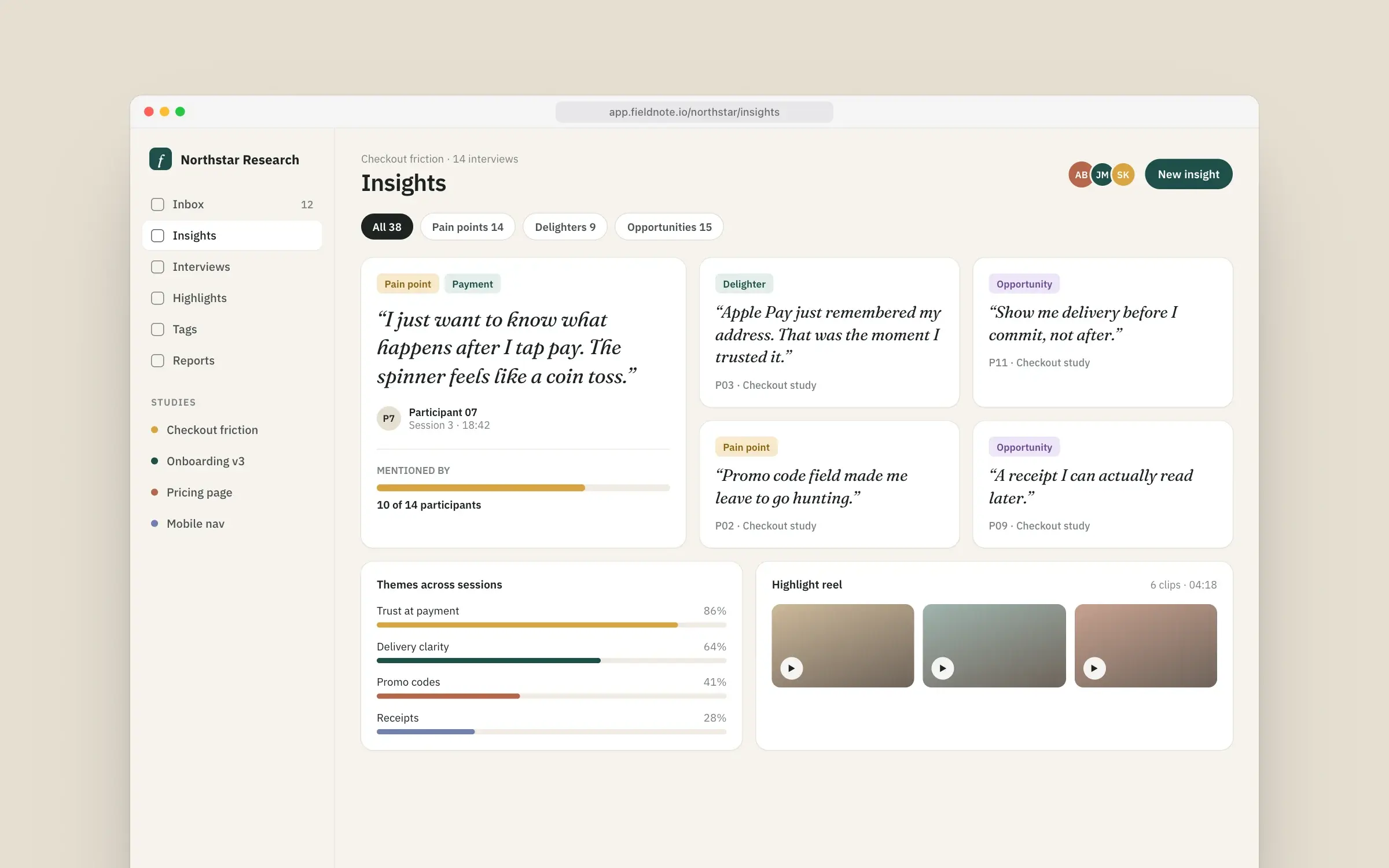 Fieldnote insights board with quote cards, tags and theme bars on warm paper