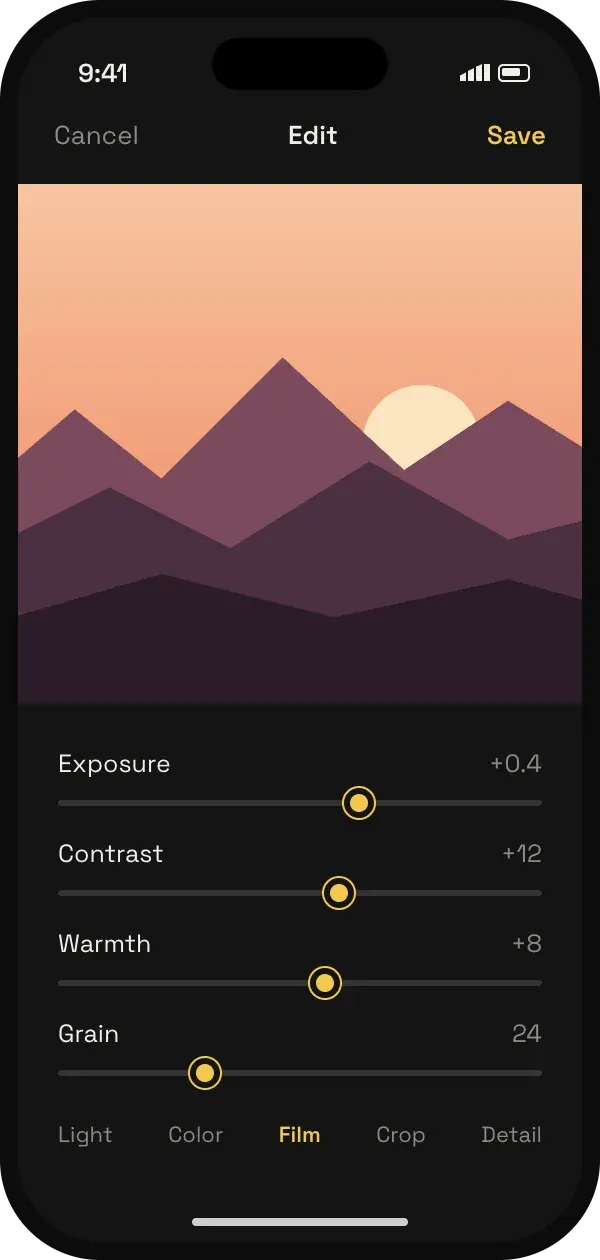 Editor with a landscape photo and exposure, contrast, warmth and grain sliders