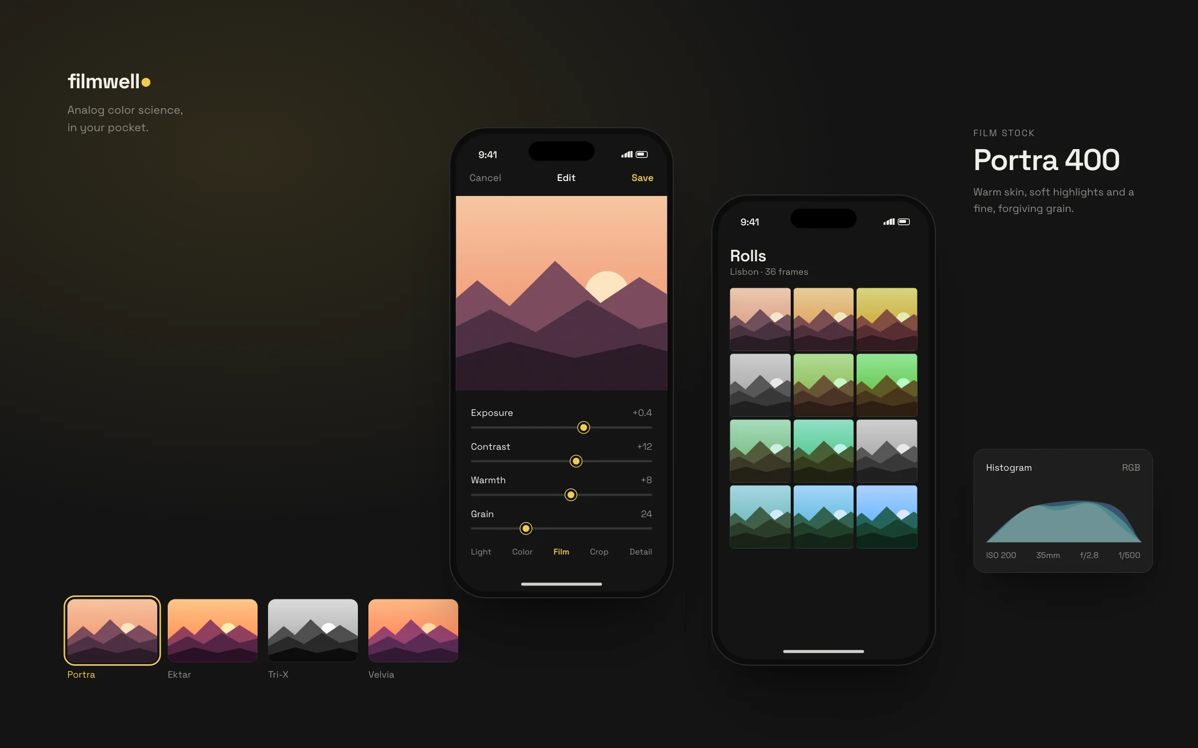 Filmwell photo editing screens with a sunset landscape and film presets