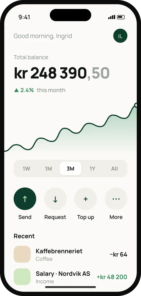 Overview screen with total balance, trend chart and quick actions