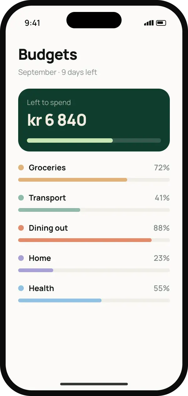 Budgets screen with remaining spend and category progress bars