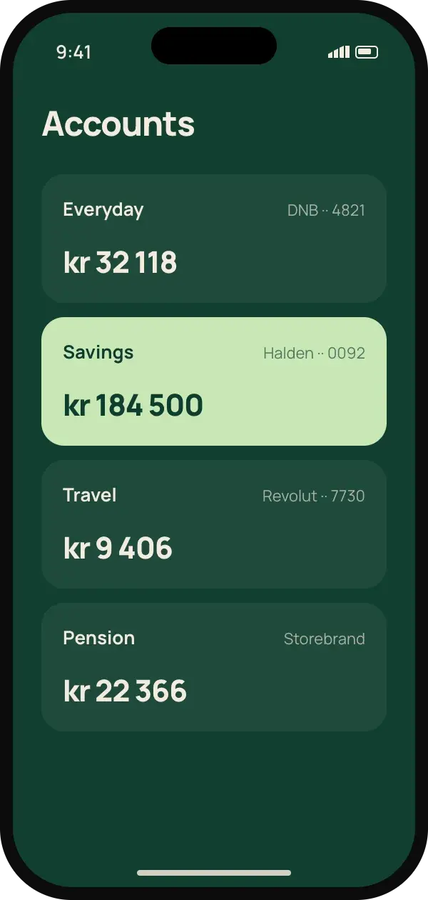 Accounts screen listing connected bank accounts