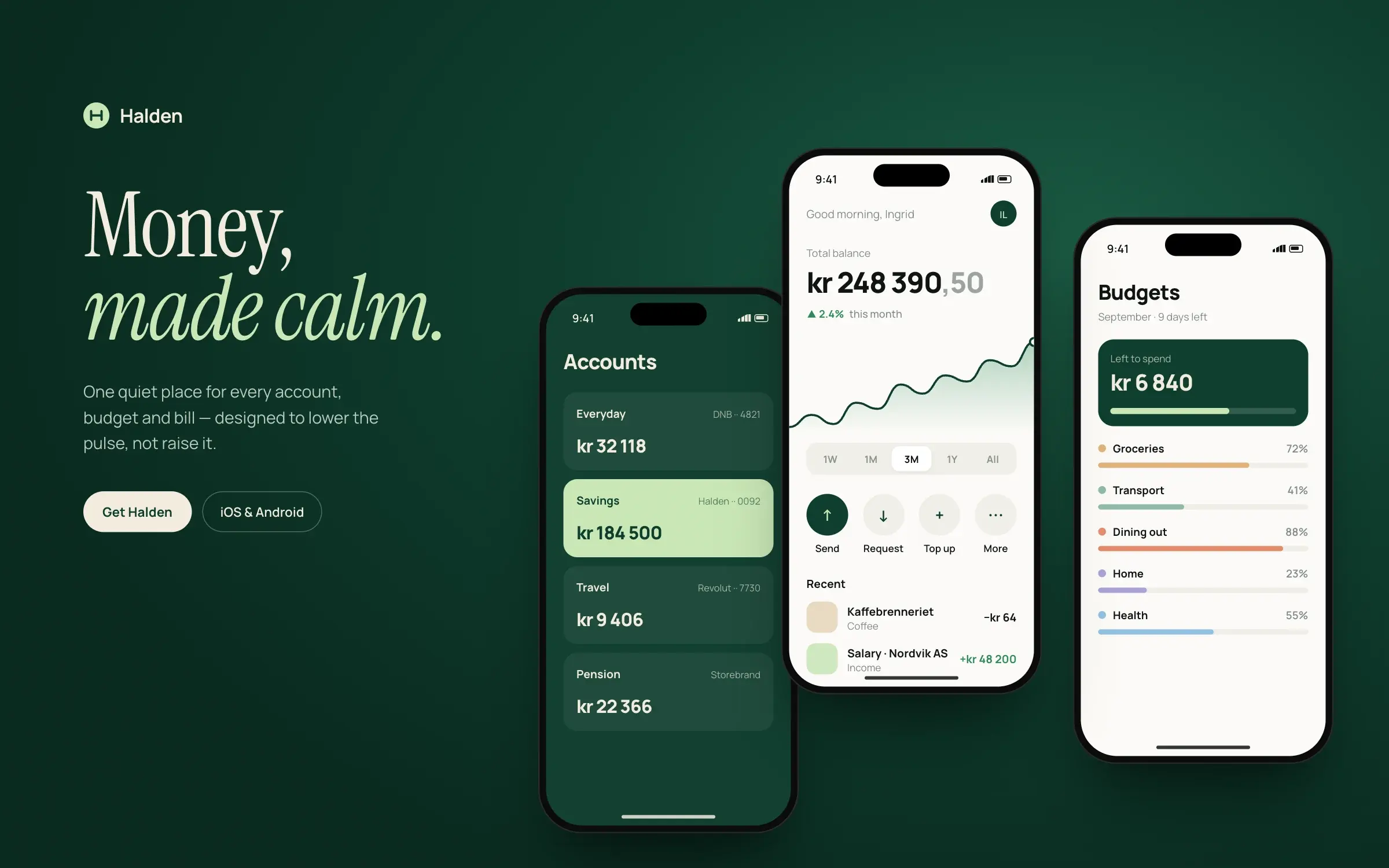 Halden app screens showing balance, budgets and accounts on a deep green background