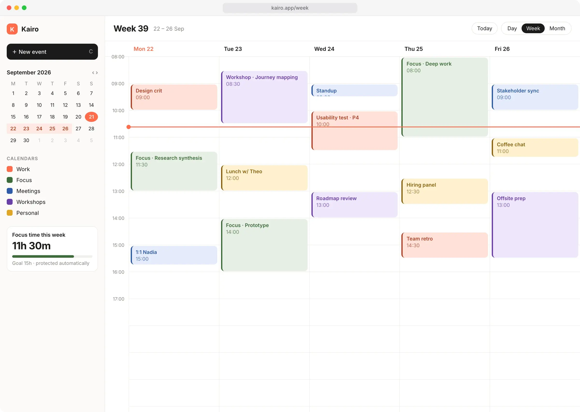 Week view with colour-coded events, mini calendar and focus-time progress