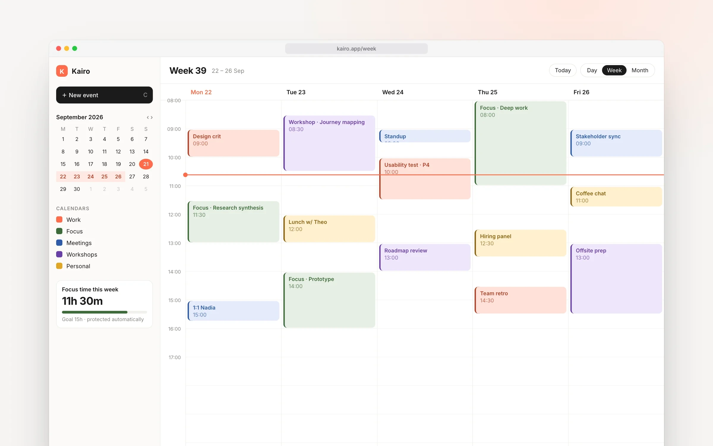 Kairo weekly calendar with colour-coded events and a focus time panel