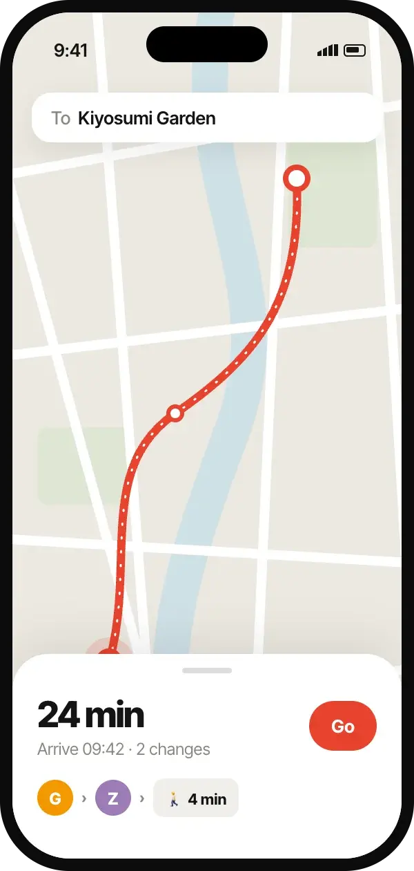 Journey screen with route on map and a bottom sheet showing 24 minutes