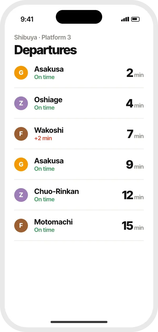 Live departures list with line badges and minutes