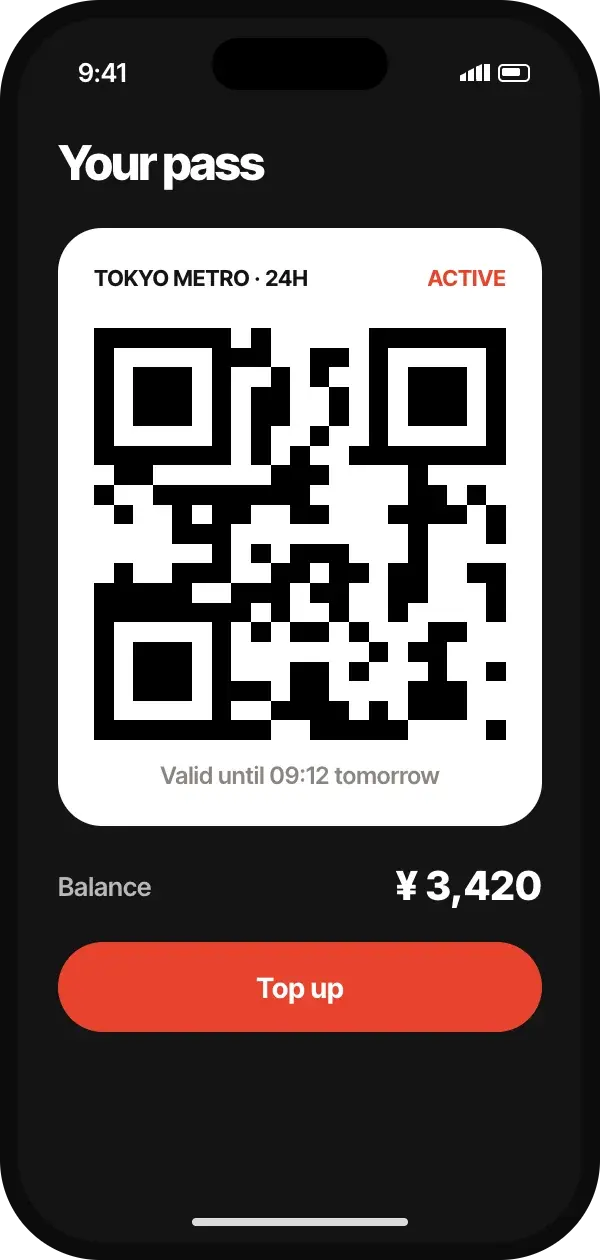 Digital 24-hour pass with QR code and top-up button