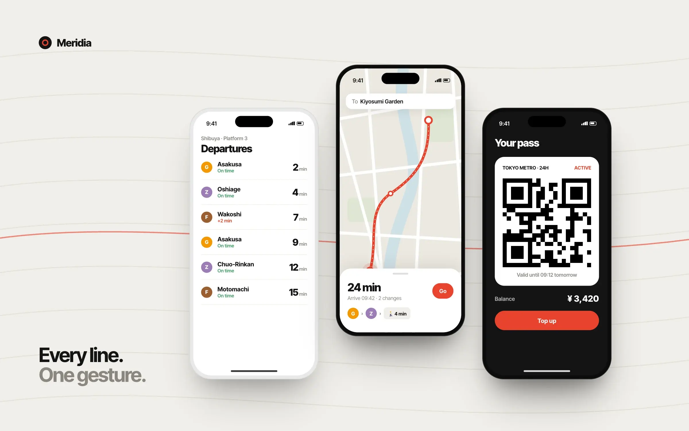 Meridia transit app showing departures, a route map and a digital pass
