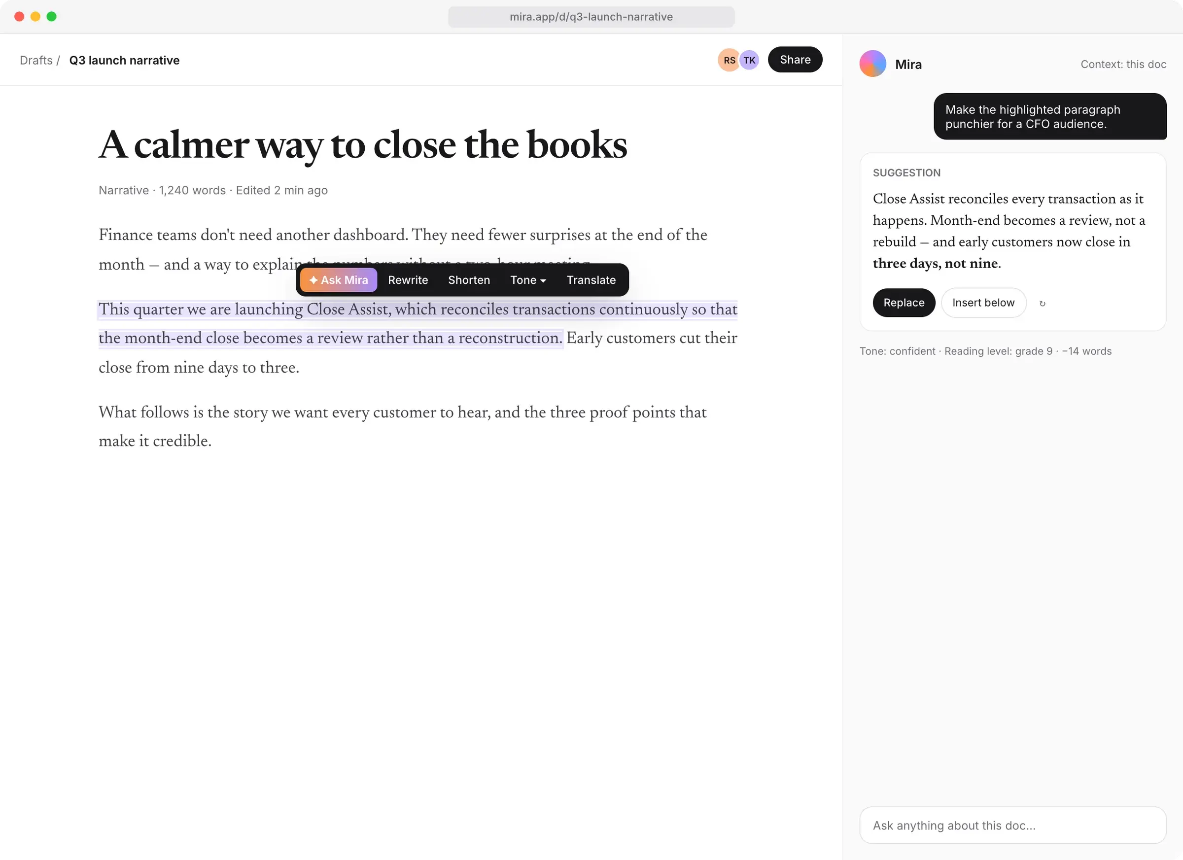 Document editor with highlighted paragraph, floating toolbar and suggestion panel