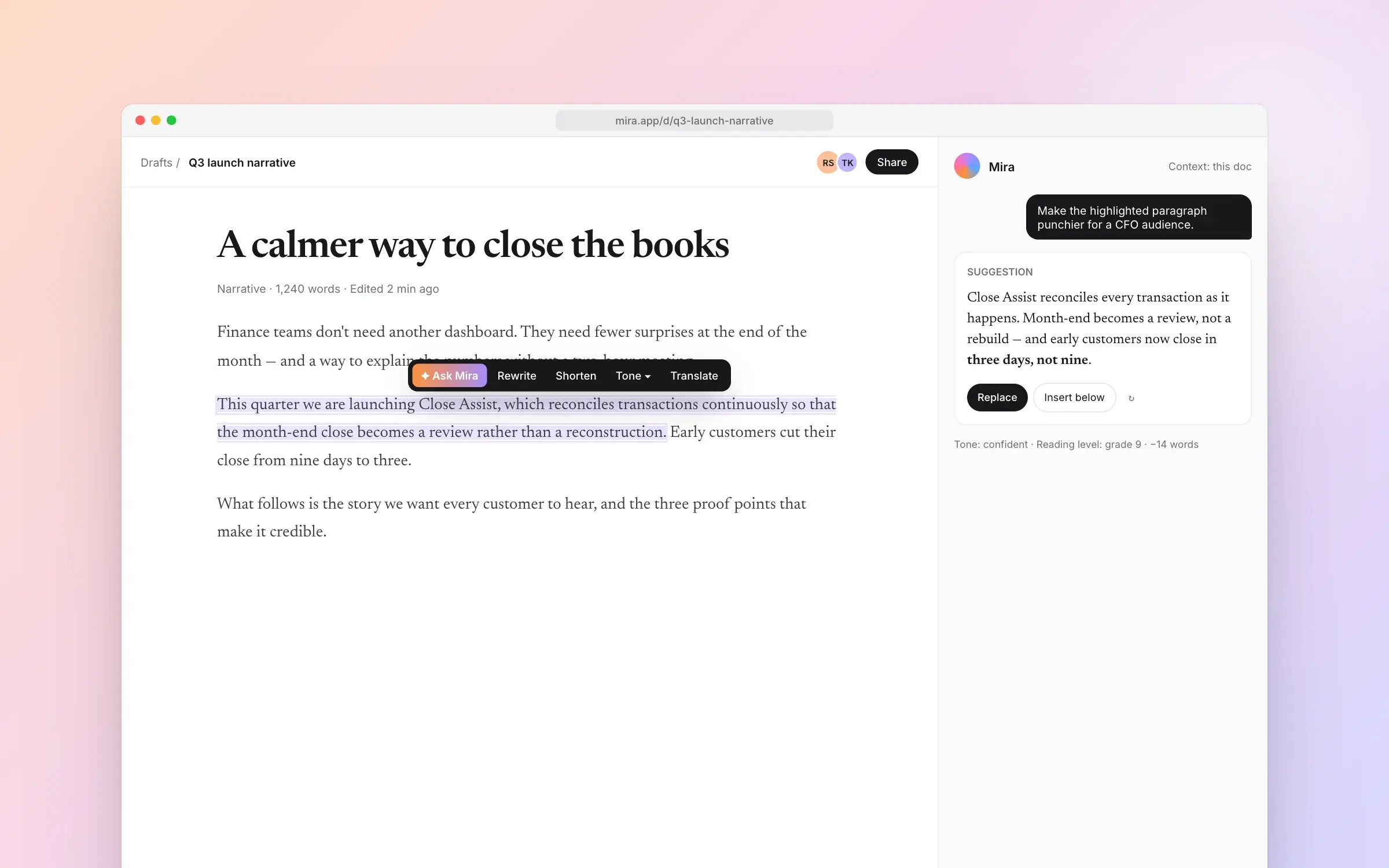 Mira document editor with an AI suggestion panel on a soft gradient background