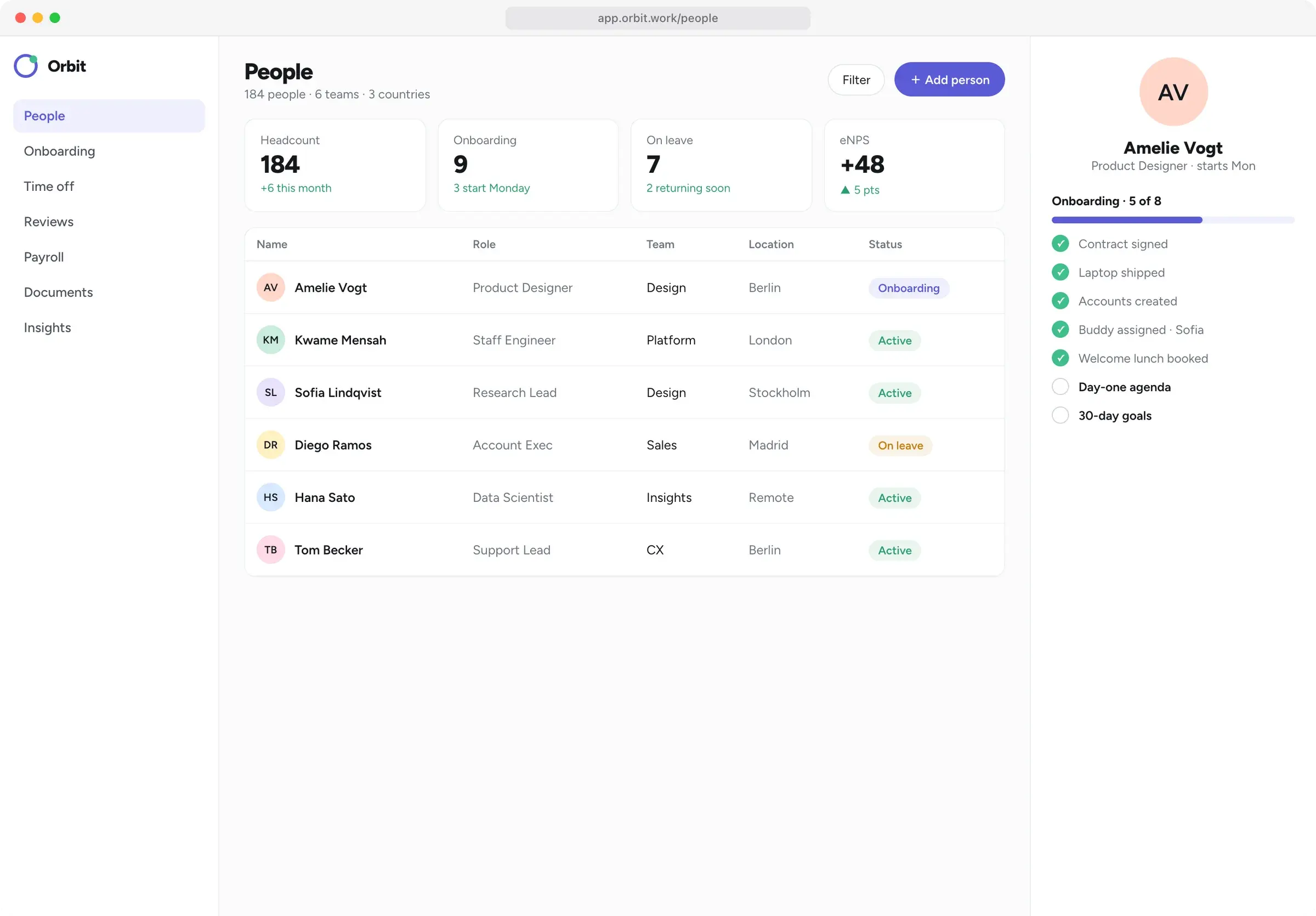 People directory with KPIs, status pills and an onboarding checklist panel
