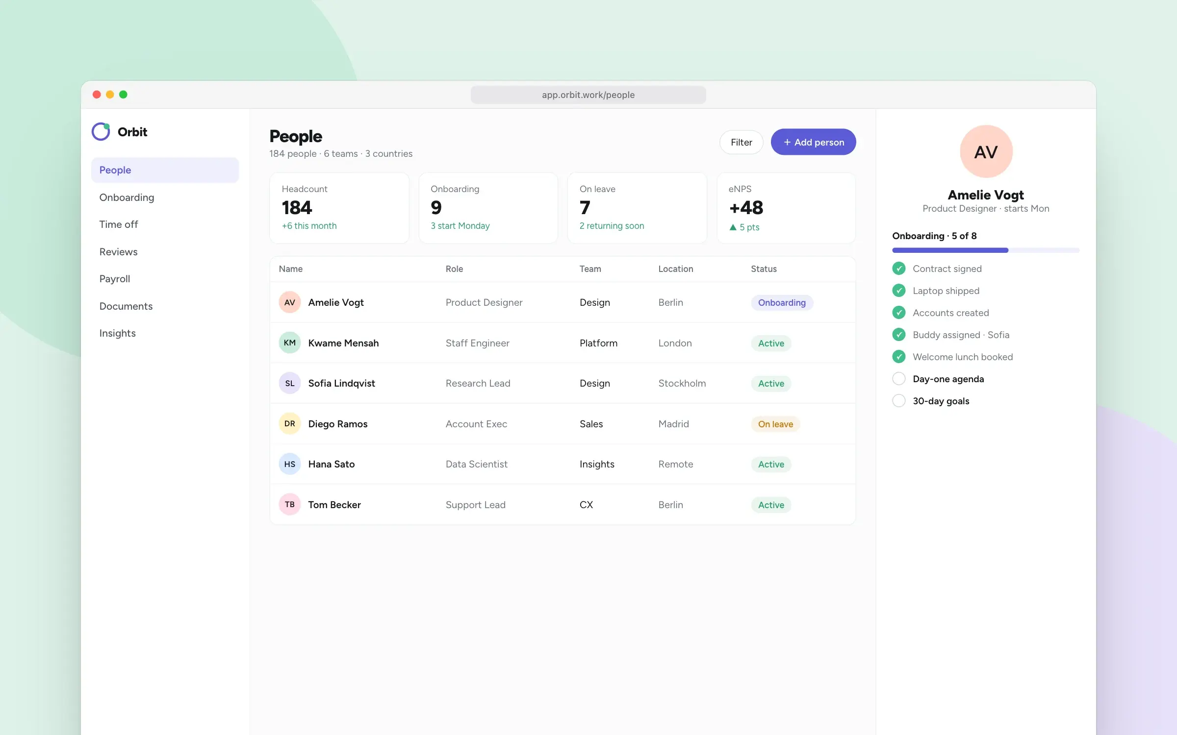 Orbit people directory with status pills and an onboarding checklist