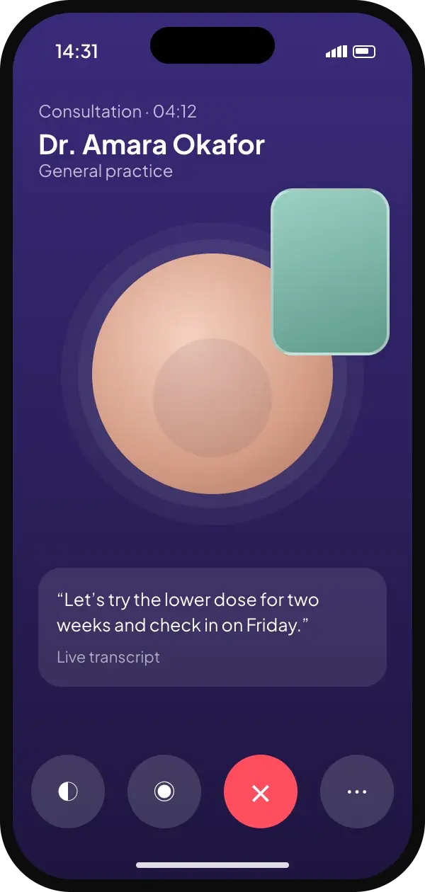 Video consultation with live transcript and call controls