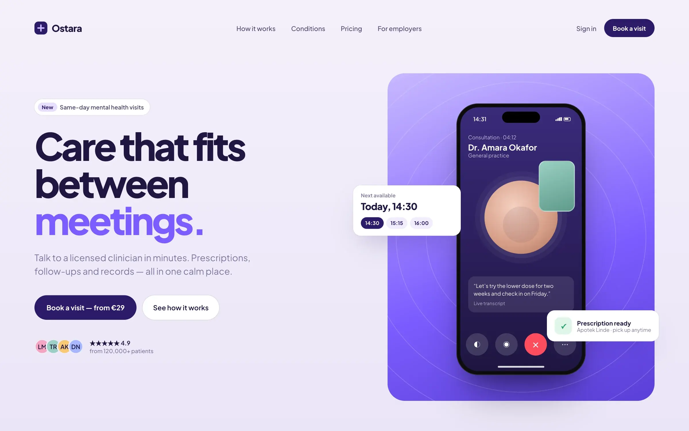 Ostara Care landing page with a video consultation on a phone and booking card