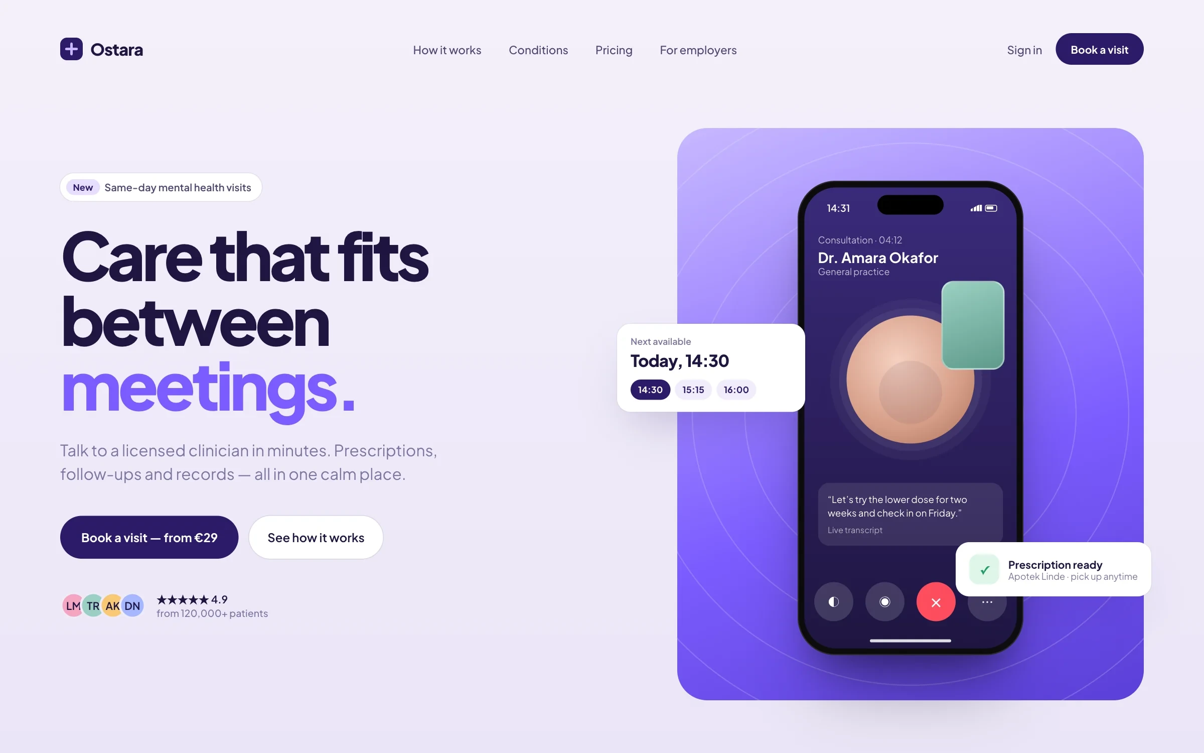 Ostara Care landing page with a video consultation on a phone and booking card