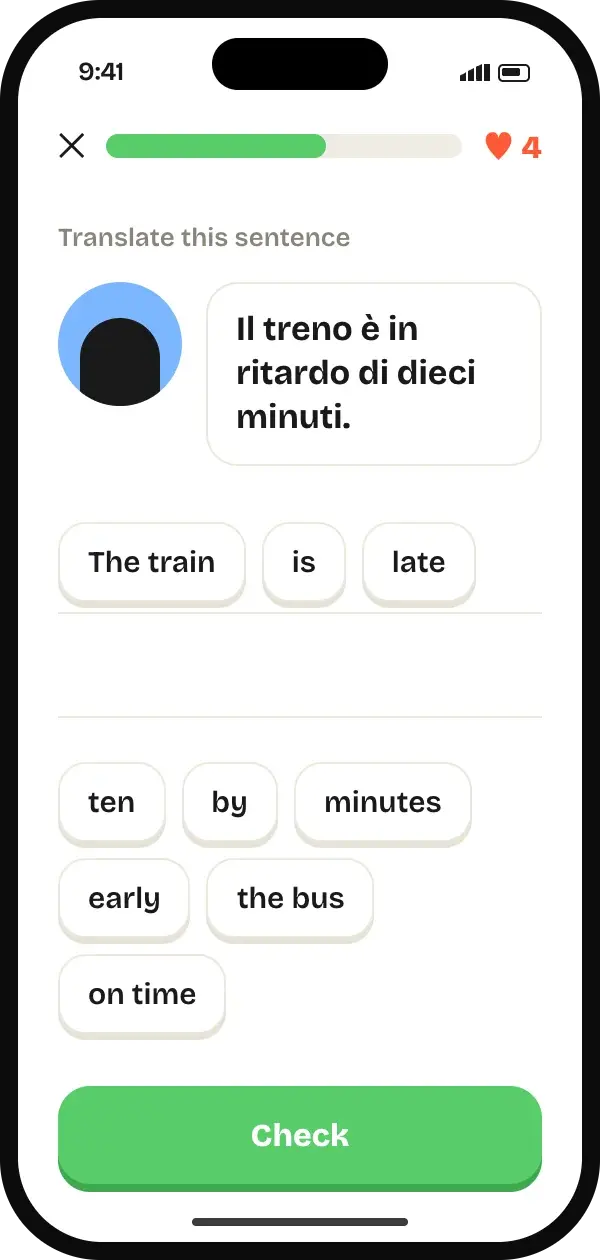 Translation exercise with word chips and a check button