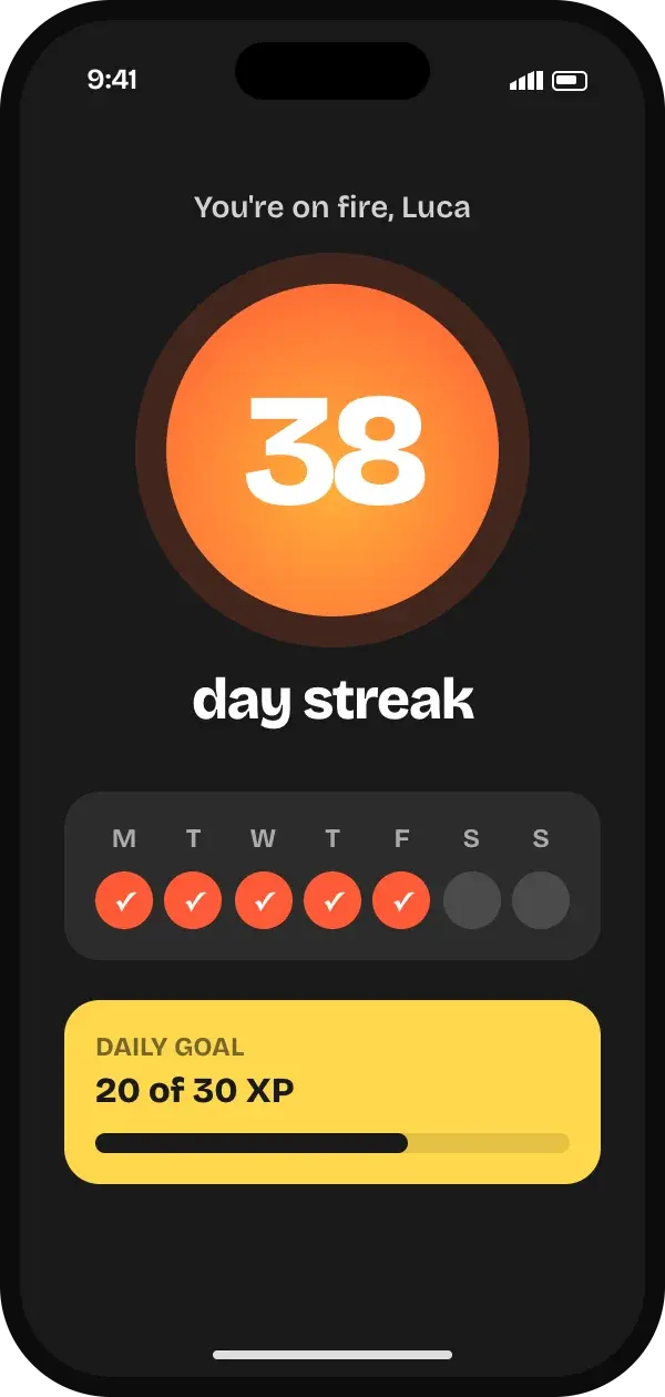 38-day streak with weekly progress and daily goal
