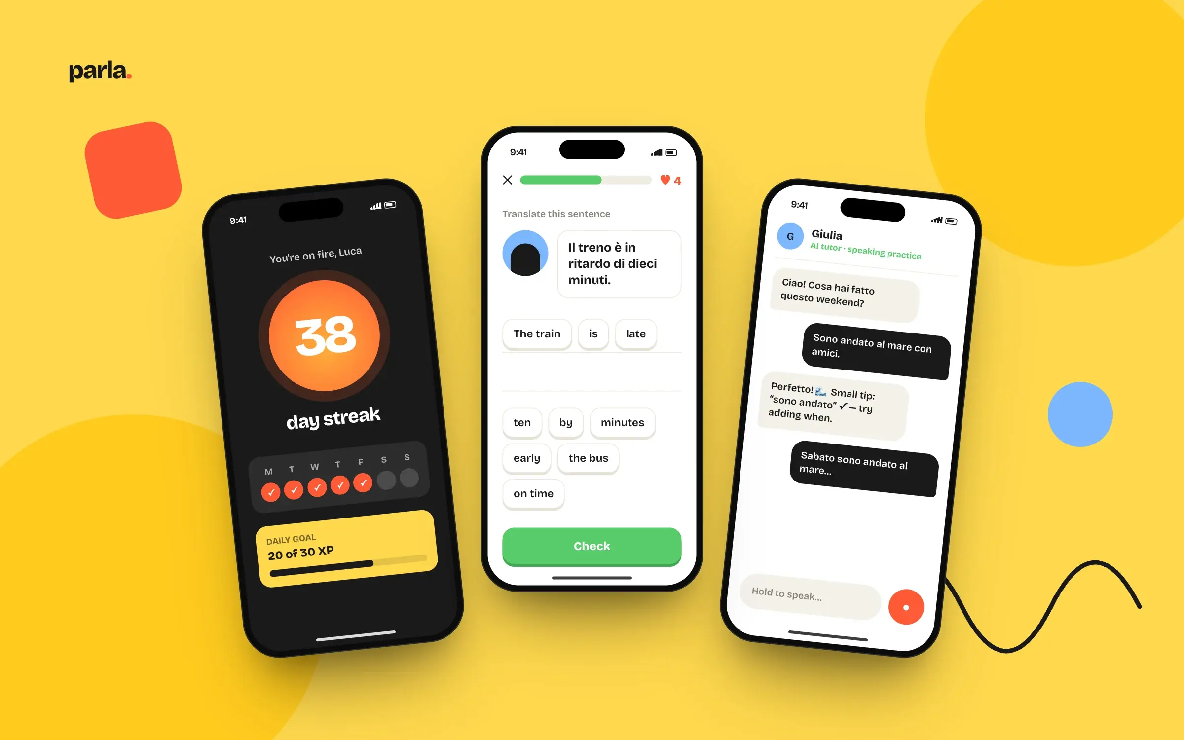 Parla language lessons with a streak counter and AI tutor chat on yellow