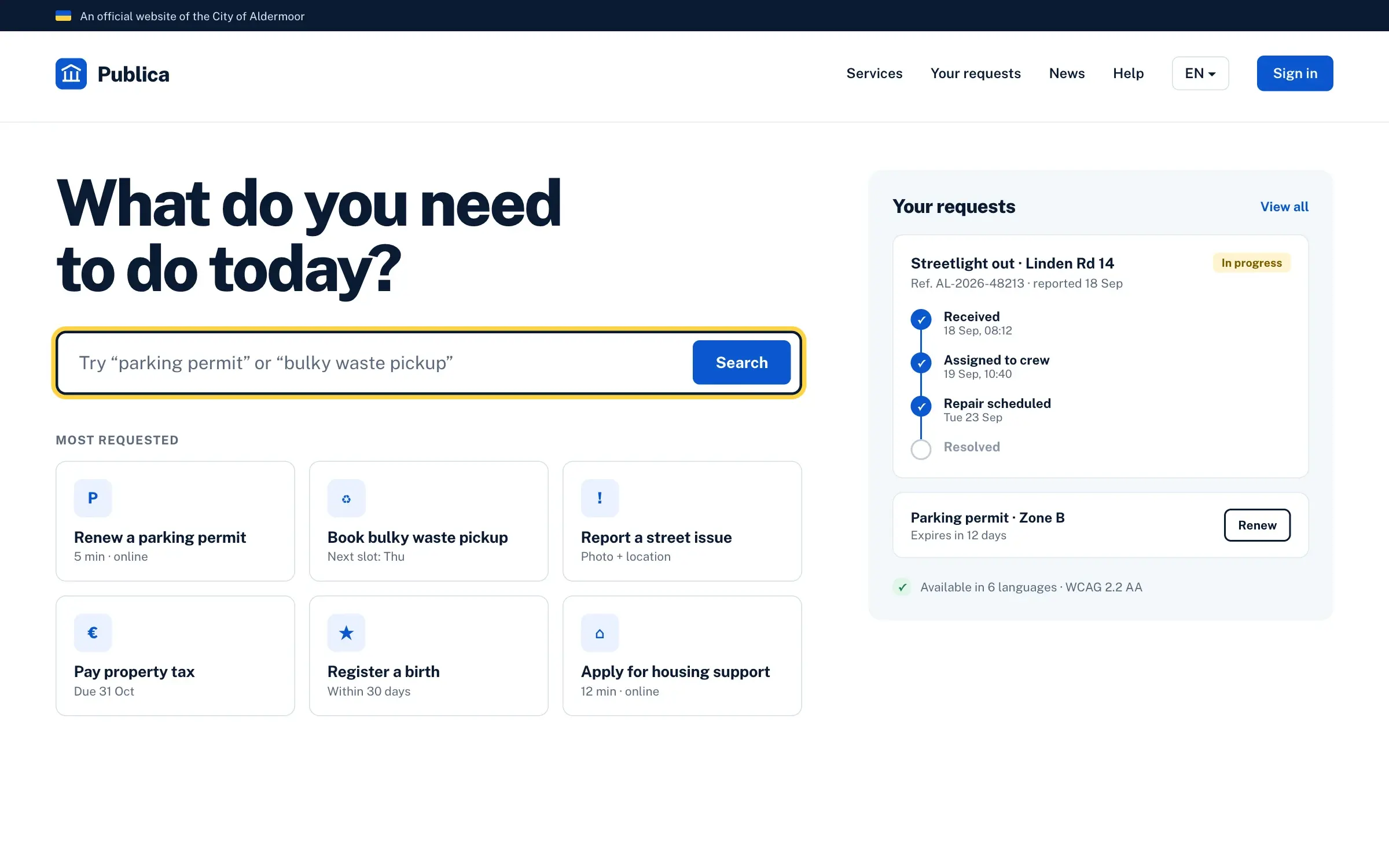 Publica city services homepage with a large search field and request tracker