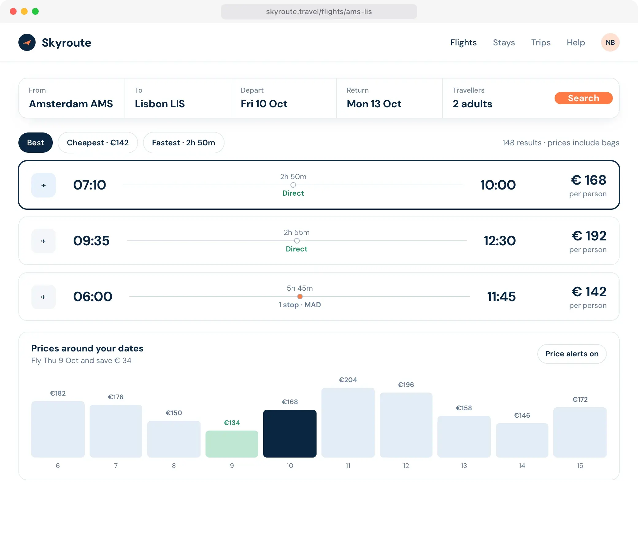 Flight results with search bar, sort tabs, three flights and a price calendar