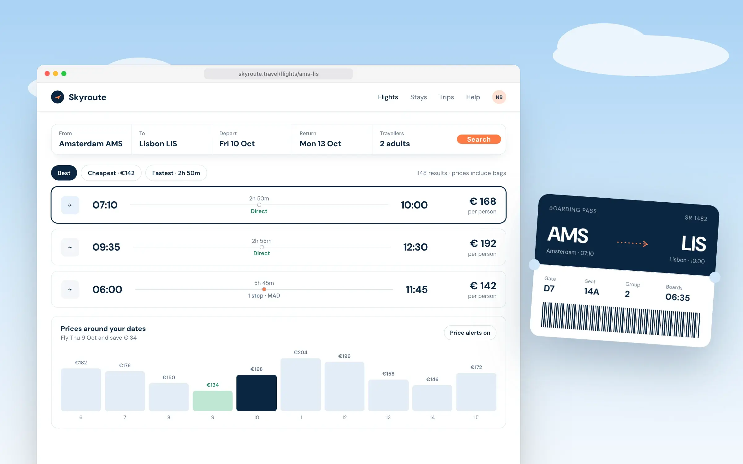 Skyroute flight results with a price calendar and a boarding pass card