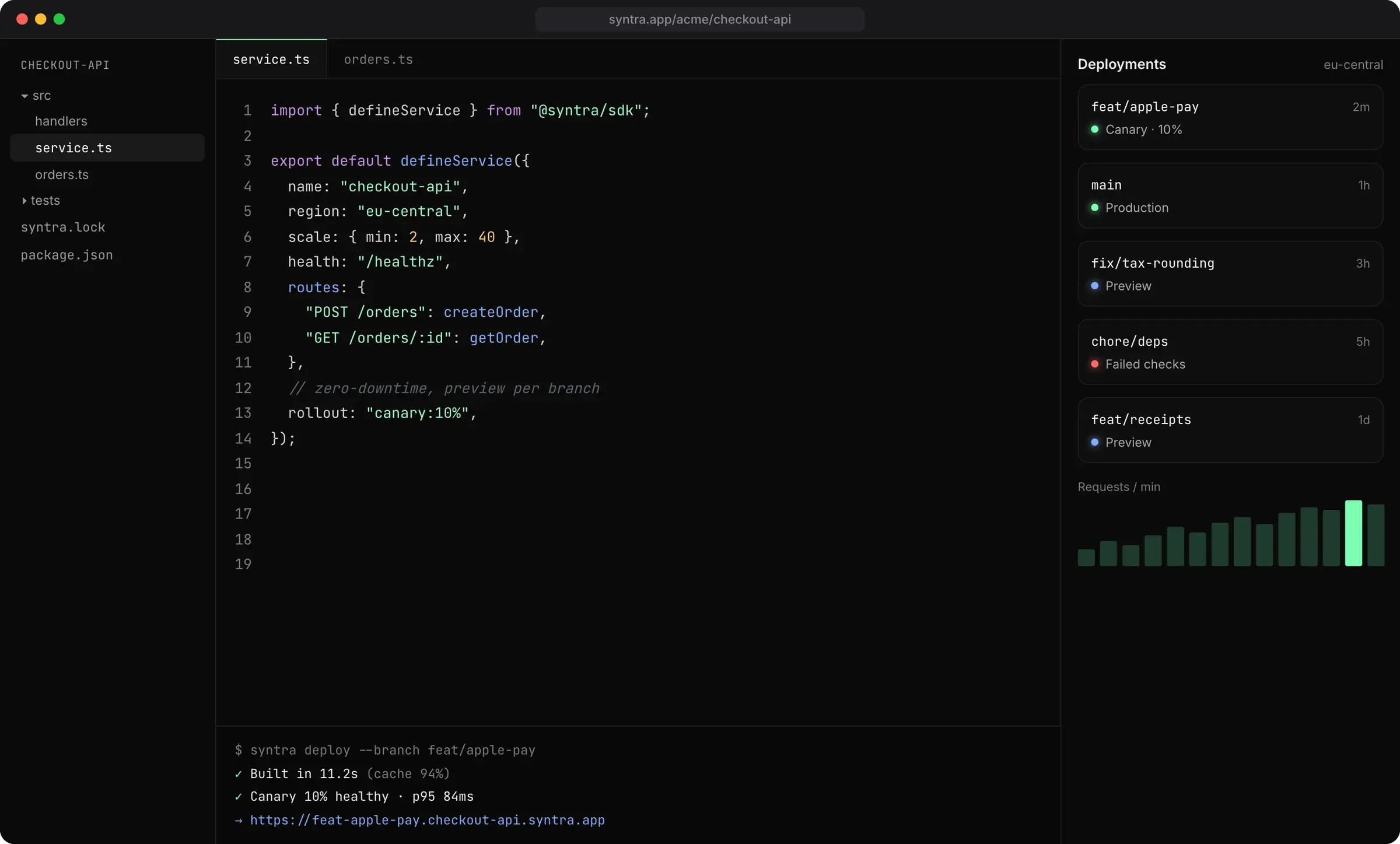 Service definition in an editor with deployment list and terminal output