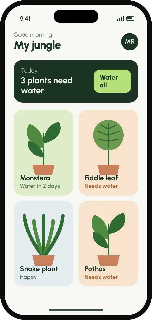 Collection grid with plants needing water highlighted