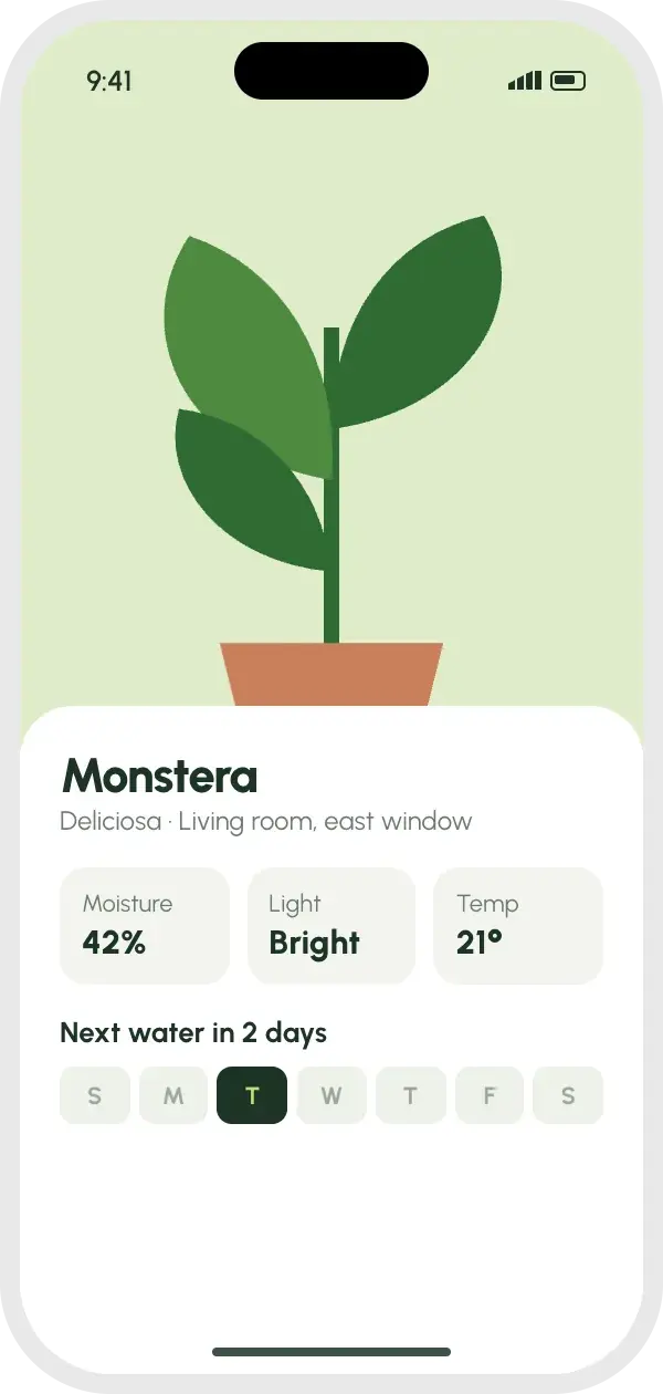 Plant profile with moisture, light and next watering day