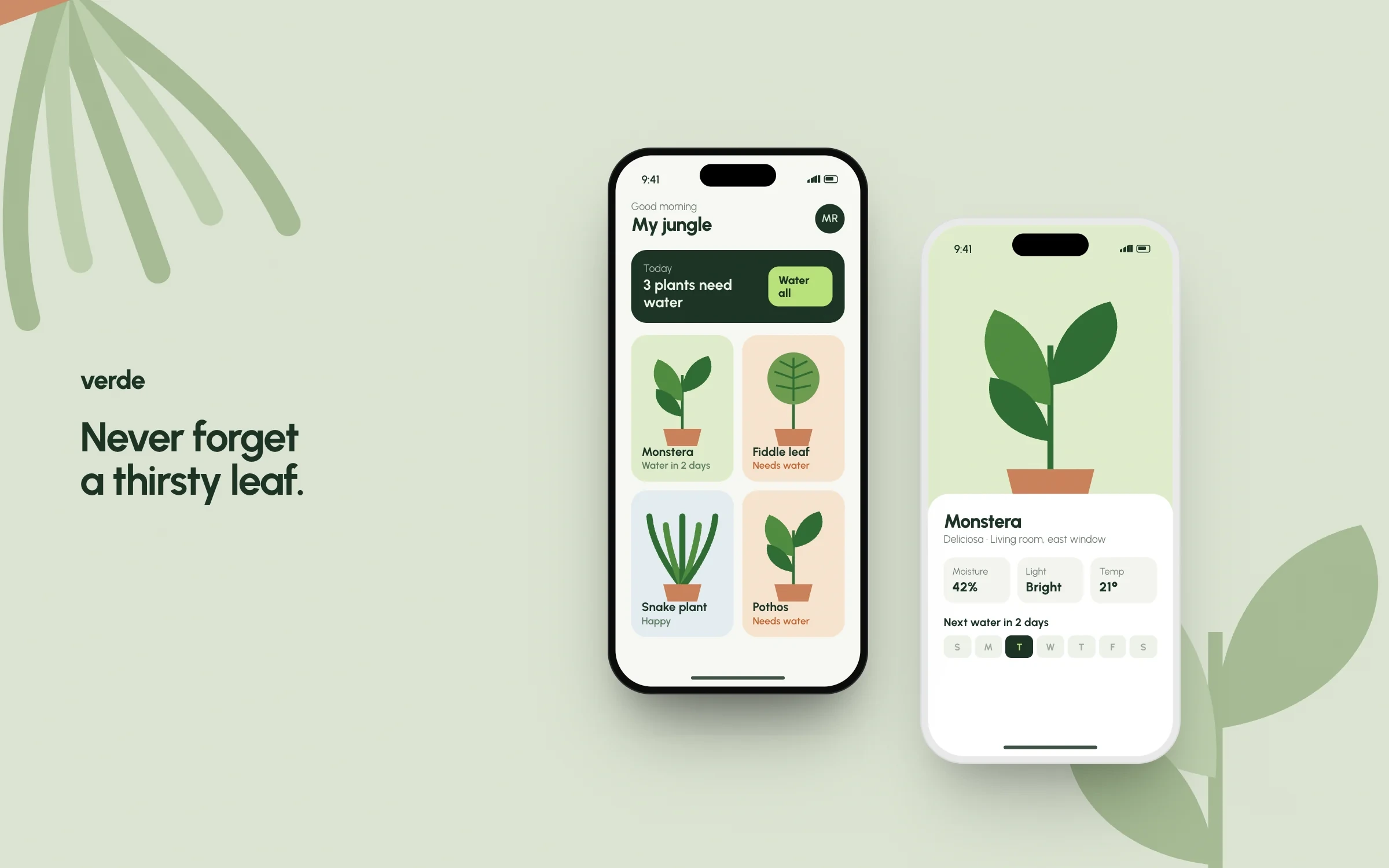 Verde plant care app with a plant collection grid and watering schedule